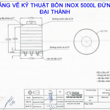 BẢNG VẼ KỶ THUẬT BỒN INOX 5000L ĐỨNG ĐẠI THÀNH