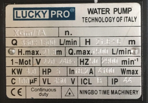 Thông số kỷ thuật máy bơm Lucky Pro
